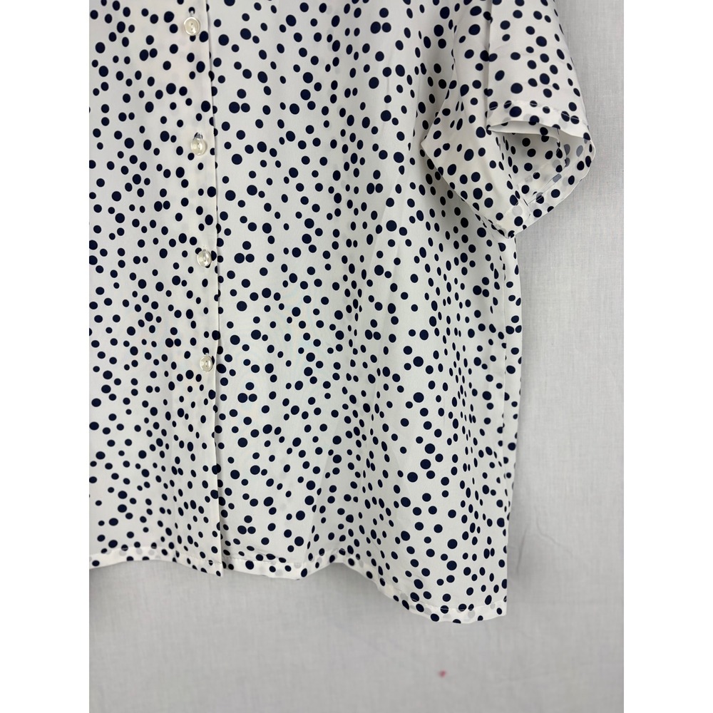 Polka Dot Button Down Short Sleeve Camp Collar Shirt White Navy Blue Blouse - Picture 5 of 13